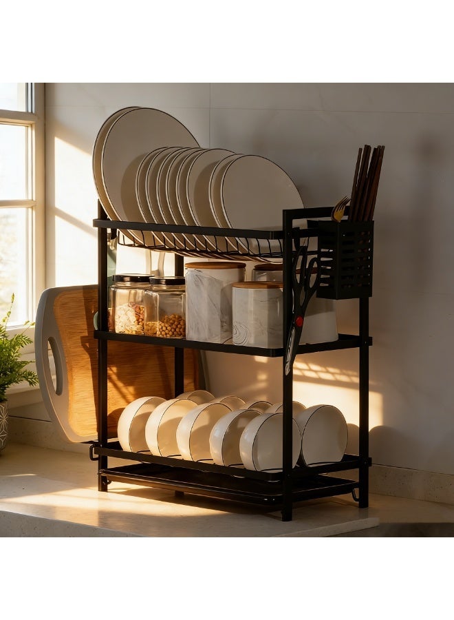 حصريا رف أطباق للمطبخ، رف تخزين للأطباق وعيدان الطعام بثلاثة أرفف، حامل أدوات المائدة، سلة تصريف، رف أطباق للحوض 52.5 سم × 41 سم × 25 سم (أسود) - Image 2